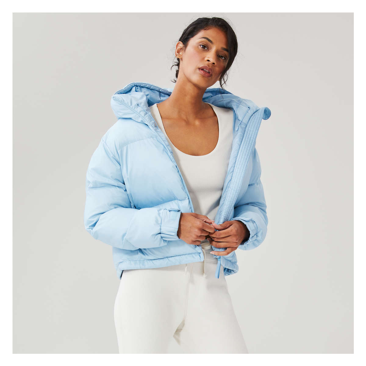 Blue hooded puffer jacket best sale